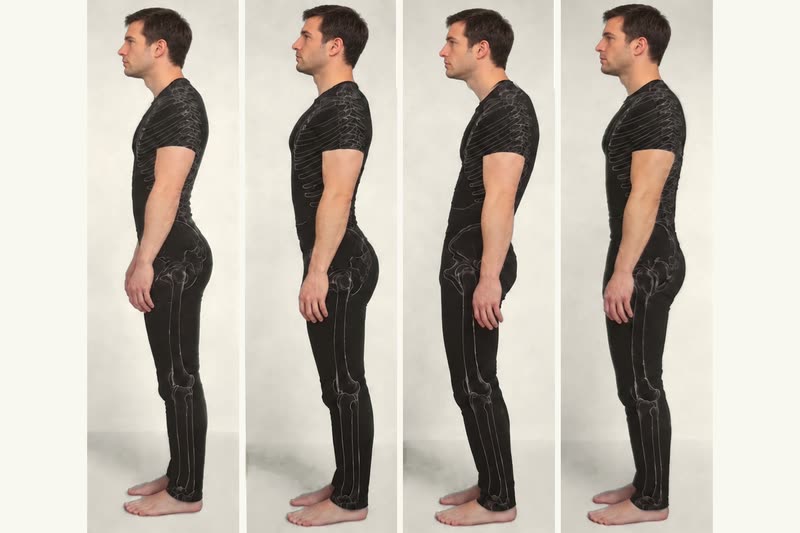 The same man photographed side-on four times, standing in four different posture types, with the skeleton drawn over his clothes