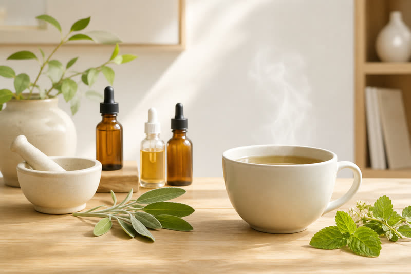 Herbal tea, tinctures and fresh sage on a warm wooden table — naturopathic care at Create Wellness Center