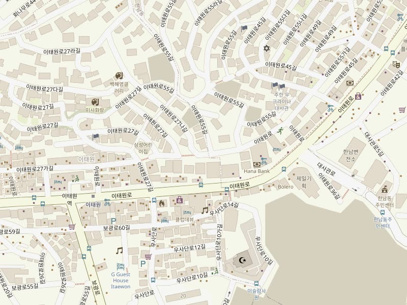 Street map of Itaewon with Create Wellness Center marked on Itaewon-ro, a short walk east of Itaewon Station Exit 2. Opens Naver Map.